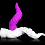 Symbiotic Spiral fantasy dildo – the two shafts separated, ribbed piece upright above the nodule piece
