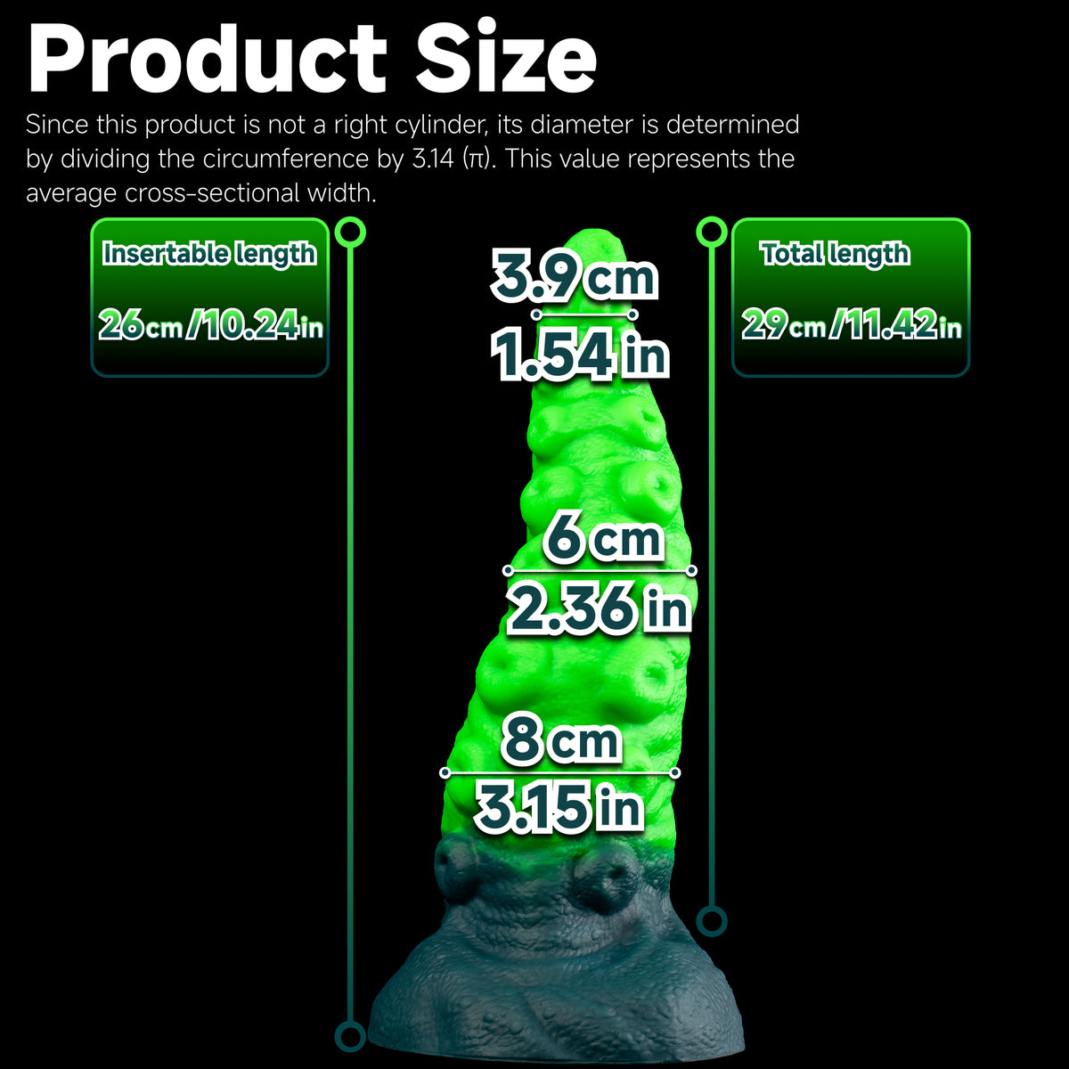 Tentacle of the Myco-Web dildo – size chart with length and circumference measurements